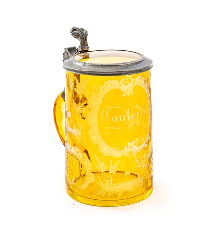 null Bohemian crystal spa mug in yellow shades, undyed lid glass with pewter rim...