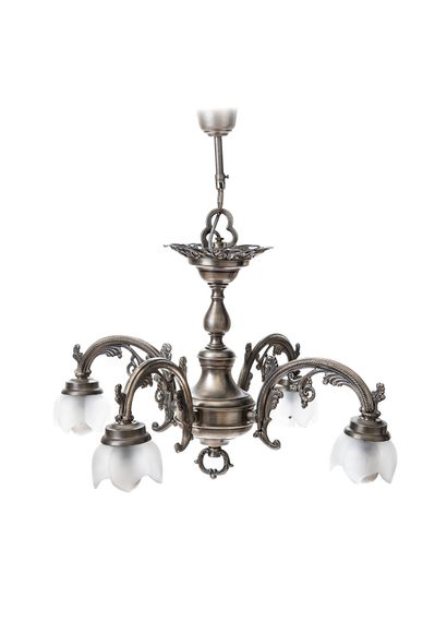 null Four-light pewter suspension lamp with arabesque decoration and foliage, the...