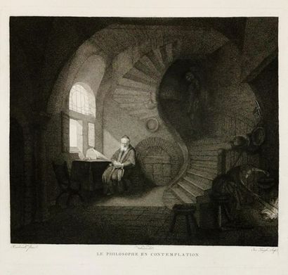null Suite de six gravures d’après REMBRANDT, XIXe siècle (580 x 440 mm) :
-	Le philosophe...