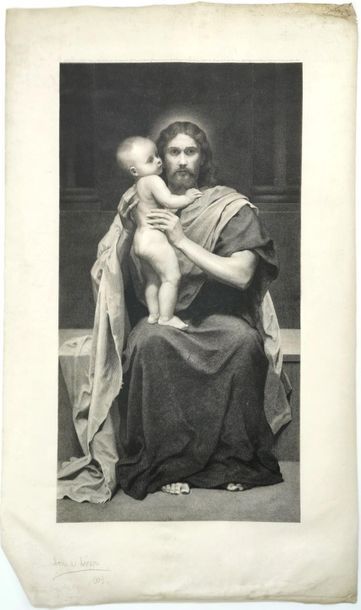 null Christ à l’enfant, état d’une gravure avec annotation « bon à tirer », édition...