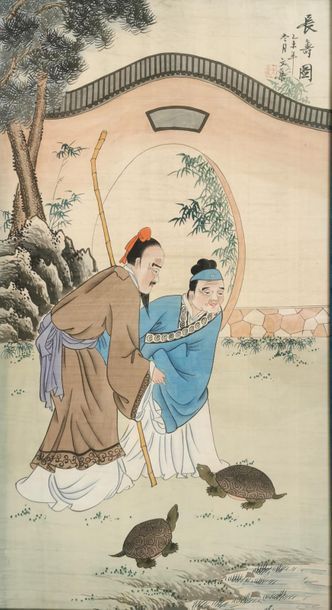 null Chine 
Vieux couple aux tortues 
Peinture sur soie avec idéogrammes
89 x 48,5...