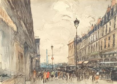 null Georges ROSE (1895-1951)
Vue de la rue Royale avec l'obélisque de la Concorde
Aquarelle...