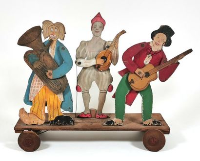 null Jouet à roulettes en bois peint avec les trois légendaires frères FRATELLINI...