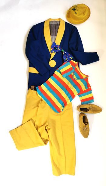 null Costume de clown auguste comprenant une veste, un tee-shirt, un pantalon à bretelles,...