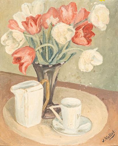 null D. VALLET - Ecole du XXe siècle
The tulip bouquet
Oil on isorel signed, countersigned...
