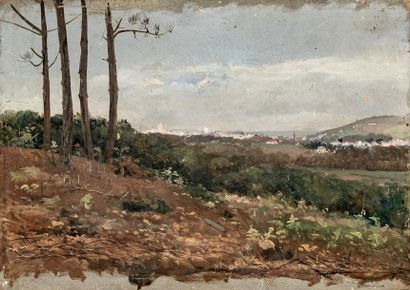 null André Paul LEROUX (1870-1950)
View of the city from the countryside
Oil on panel...