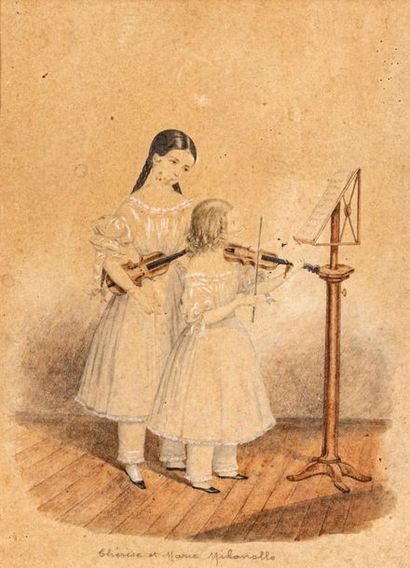 null École du XIXe siècle
La leçon de musique ou Thérèse et Marie Milanollo
Gravure...