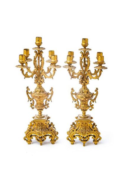 null Pair of chased and gilded bronze candelabra with five lights, baluster vase...