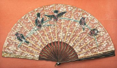 null Lace fan decorated with flowers with painted branch sparrows, the strands of...