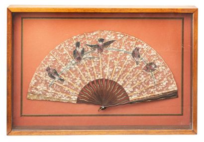 null Lace fan decorated with flowers with painted branch sparrows, the strands of...