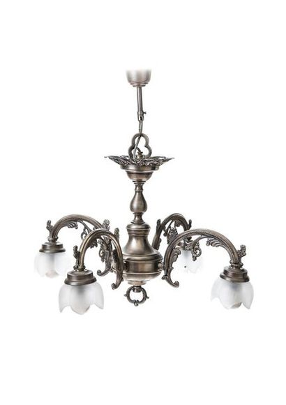 null Four-light pendant in pewter with arabesque decoration and foliage, the reflectors...