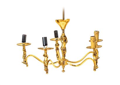 null Gilded bronze suspension with five light arms, the central shaft and bobèches...