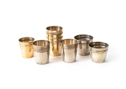 null Suite of eight mismatched liqueur cups in silver-plated metal
Work from the...