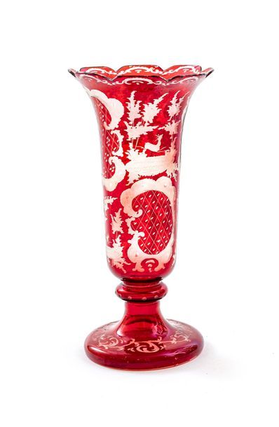 null Bohemian crystal pedestal vase with flared neck and poly-lobed collar in red...