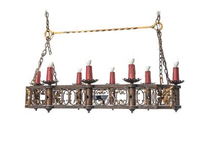null Large wrought-iron eight-light suspension lamp decorated with confronting scrolls...