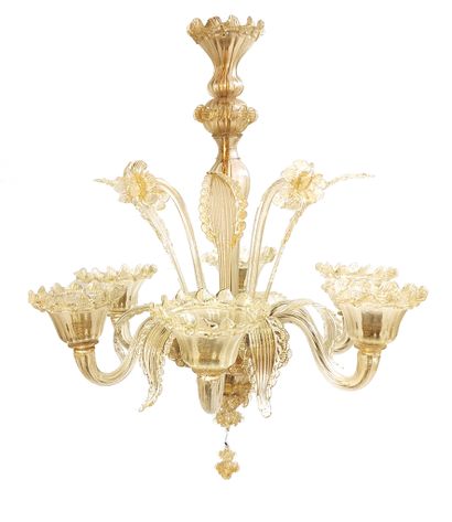 null MURANO chandelier in drawn and blown glass with gilded and streaked motifs with...