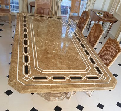 null Dining room table in Lunel flowered marble with a geometrical frieze inlaid...
