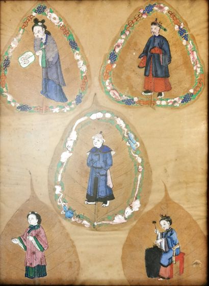 null *CHINA, 19th century 

Polychrome paintings on five pipal sheets depicting characters

Height...