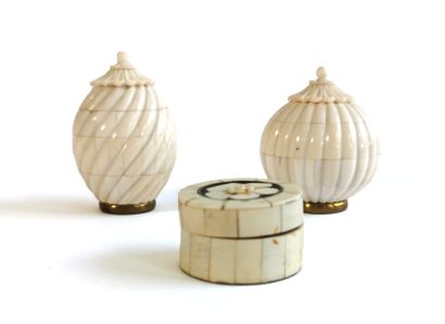 null Two ointment jars with bone veneer lids on a wooden core resting on a gilded...