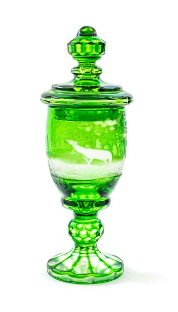 null Covered pot on faceted Bohemian crystal pedestal in green hues, faceted lid...