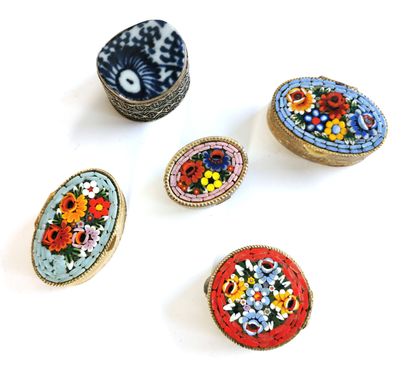 null Four chiselled metal pill-boxes, the lids decorated with micro-mosaic flower...