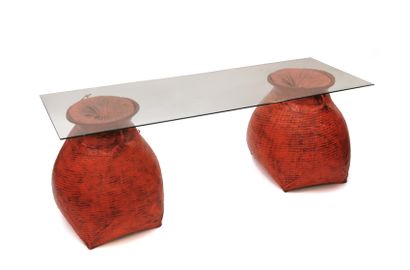 null Console with glass top, the base is made of two Indonesian baskets in red lacquered...