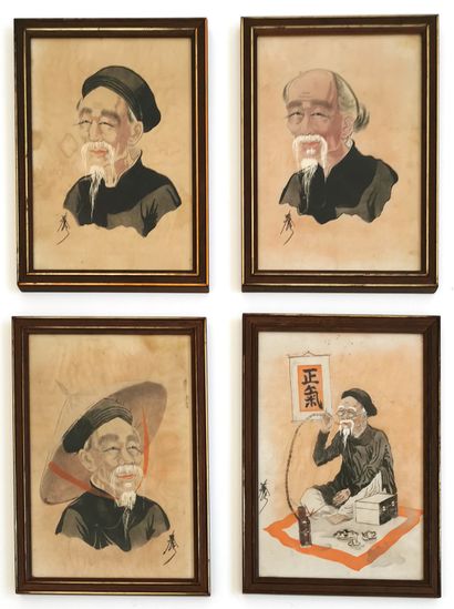 null *VIETNAM, XXe siècle 

Portraits de vieillards, suite de quatre peintures et...