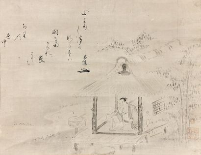 null *Japan, 19th century

Elegant kakemono in ink on paper showing a poet in a thatched...
