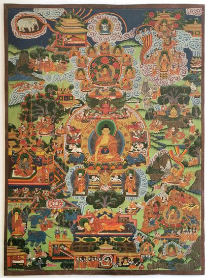 null *TIBET, 20th century 

Tankga in tempera on cotton representing Shakyamuni Buddha...