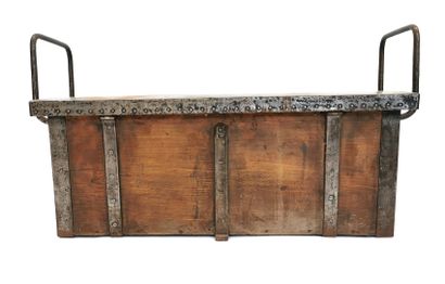null Wooden and wrought iron military chest opening to a flap revealing two compartments,...