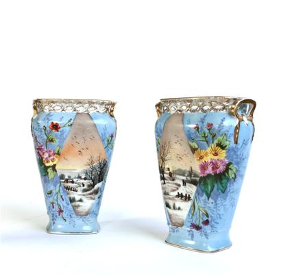 null A pair of porcelain vases with a flared quadrangular cross-section and winter...