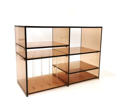 null Smoked plexiglass stereo cabinet with five shelves and a vinyl record rack,...