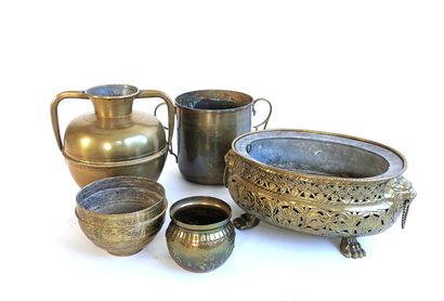 null Brass lot including a planter with openwork decoration and lion's head handles,...