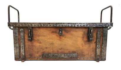 null Wooden and wrought iron military chest opening to a flap revealing two compartments,...