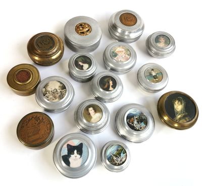 null Sixteen aluminium or metal bombon boxes with medallion decoration on the lids

Diameter...