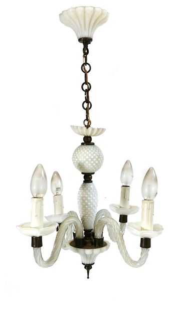 null A brass and opaline glass suspension with four light arms, the shaft with double...
