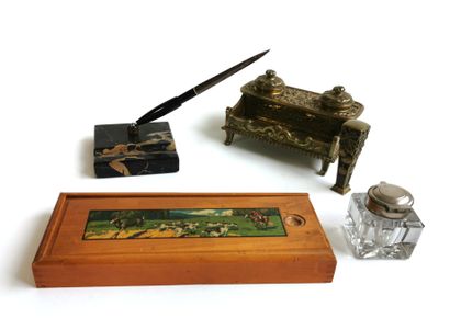 null A set of desk accessories including a bronze inkwell, a penholder with marble...
