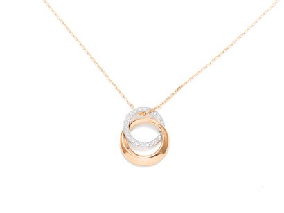 null 18K (750 thousandths) pink gold chain and pendant formed by two interlaced rings,...