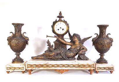 null Marble, regule and copper mantel set, the clock decorated with an allegory of...