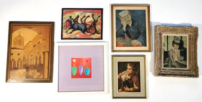 null Lot of framed pieces including two engravings, four lithographs or lithographic...
