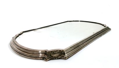 null A silvered bronze table top, rectangular in shape, with basket handles at the...