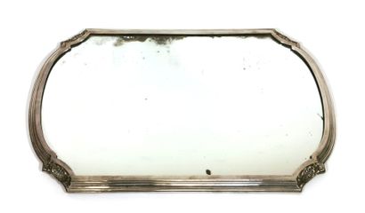 null A silvered bronze table top, rectangular in shape, with basket handles at the...