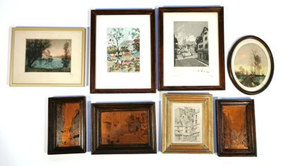 null Lot of framed pieces including three engravings, two lithographs and three engraved...