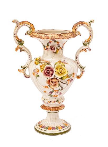 null Medici vase on pedestal flanked by two handles in polychrome earthenware of...