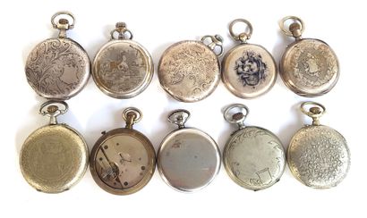 null Ten silvered metal pocket watches, some with animal decoration on the back

Diameter...