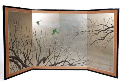 null JAPAN

Four-leaf screen with painted birds among apple blossoms on a silver...
