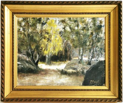 null P. FALOT (20th century school)

River in the undergrowth

Oil on canvas signed

26,5...