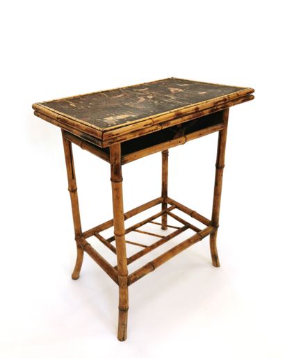 null Bamboo game table with swivelling portfolio tray, lacquered decoration of birds...