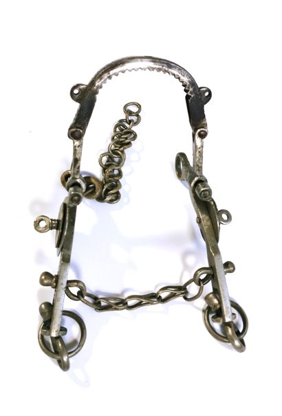 null Wrought iron and steel horsebit and its notched noseband, the bosses with radiating...