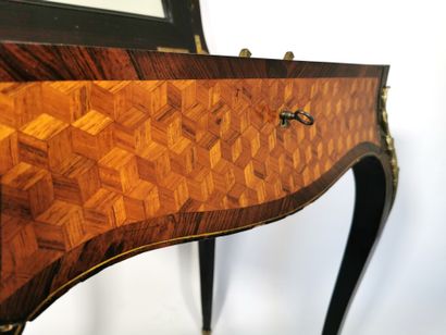 null 
Table of living room with work inlaid with cubes in perspective of wood of...